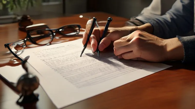 A photorealistic close-up of hands signing mortgage refinance documents on a polished wooden desk, with a pen, glasses, and a house figurine visible, soft natural light, sharp focus on the hands and document, depth of field, 8K hyper-detailed.
