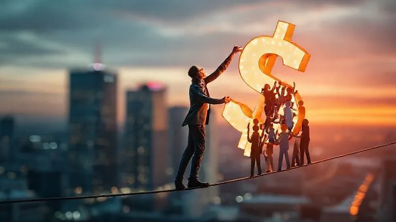 A photorealistic image of a business person standing on a tightrope, carefully balancing a large, glowing dollar sign in one hand and a cluster of diverse human figures holding hands in the other. The background is a blurred, modern office cityscape at dusk, with cinematic lighting highlighting the tension and focus. 8K hyper-detailed, professional photography, sharp focus, depth of field, shot on a high-end DSLR.