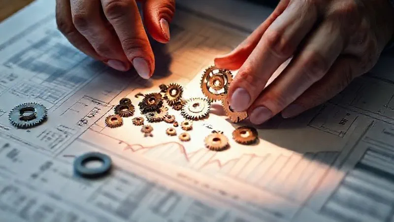 A photorealistic close-up of hands meticulously arranging miniature gears and cogs on a blueprint, with a financial graph subtly projected onto the blueprint. The scene is bathed in soft, analytical light, suggesting intricate planning and financial optimization. 8K hyper-detailed, professional photography, sharp focus, depth of field, shot on a high-end DSLR.