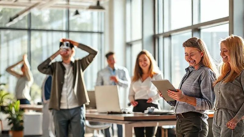 A photorealistic image of a diverse group of employees engaged in various healthy activities in a bright, modern office space: one is stretching, another is drinking water, a third is standing at a desk, and a fourth is smiling while looking at a wellness app on a tablet. Sunlight streams through large windows, creating a vibrant, positive atmosphere. 8K hyper-detailed, professional photography, sharp focus, depth of field, shot on a high-end DSLR.