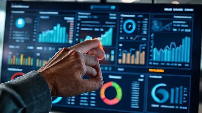 A photorealistic image of a sophisticated dashboard displaying various healthcare metrics and financial data, with a human hand hovering over a touchscreen, making adjustments. The screen shows graphs, charts, and key performance indicators related to PPO plan performance, with a subtle glow around 'optimization' elements. Cinematic lighting, sharp focus on the screen and hand, depth of field blurring a modern office background. 8K hyper-detailed, professional photography, shot on a high-end DSLR.