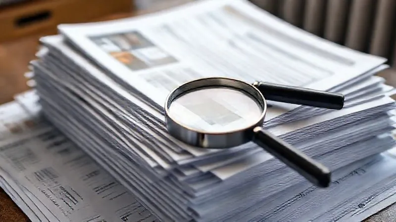 photorealistic, professional photography, 8K, cinematic lighting, sharp focus, depth of field, shot on a high-end DSLR. A close-up of a stack of meticulously organized commercial property insurance claim documents, including photos, invoices, and policy papers, with a magnifying glass resting on top, emphasizing attention to detail and thorough documentation.