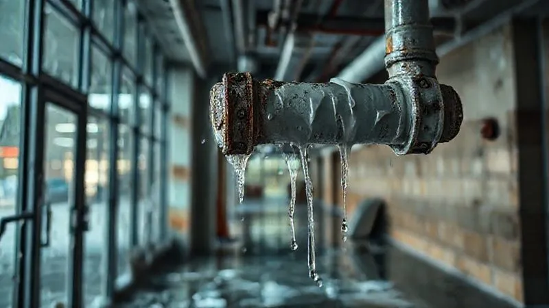 photorealistic, professional photography, 8K, cinematic lighting, sharp focus, depth of field, shot on a high-end DSLR. A close-up of a damaged commercial building's interior, showing a burst pipe and water damage, with a focus on the specific cause of the damage rather than widespread flooding, highlighting a key distinction in insurance claims.