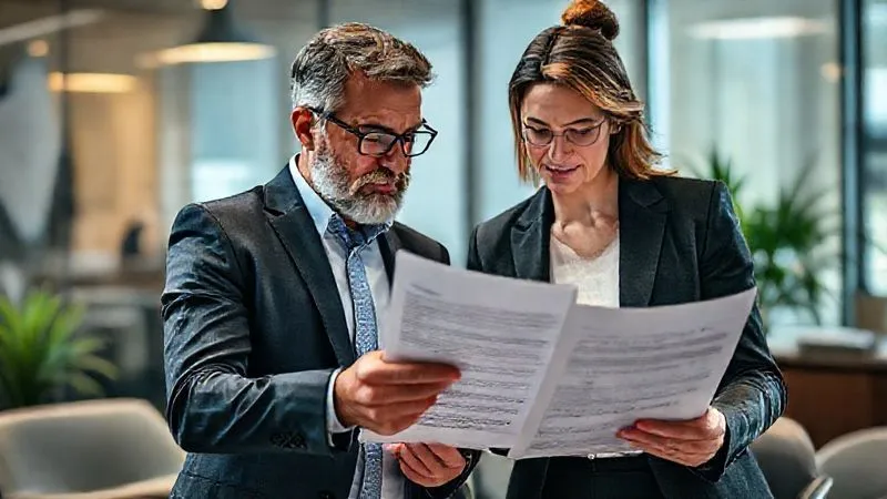 photorealistic, professional photography, 8K, cinematic lighting, sharp focus, depth of field, shot on a high-end DSLR. A business owner and an insurance broker reviewing policy documents together in a professional office setting, pointing to specific clauses, conveying proactive engagement and clear communication.